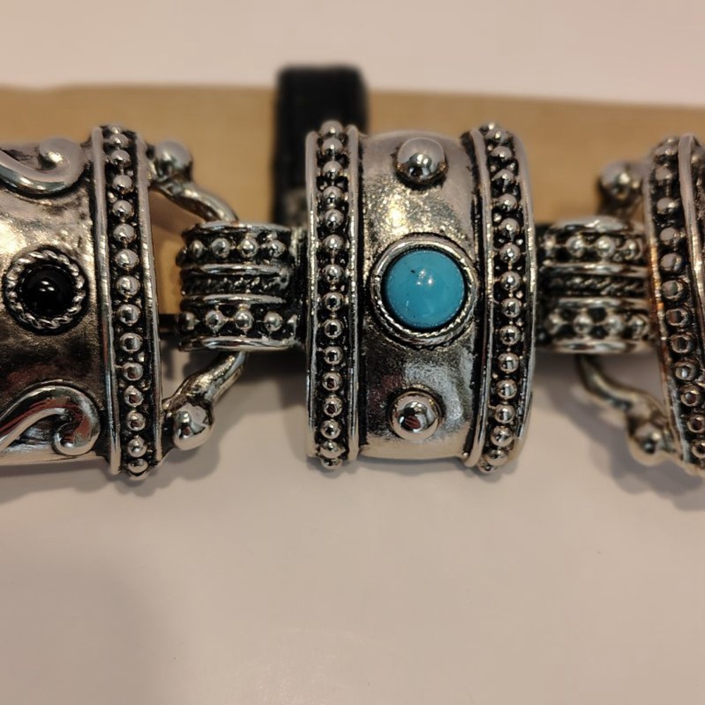 WCM New York ITALIAN Leather Luxury Black Belt Turquoise Western Women M - Picture 5 of 15